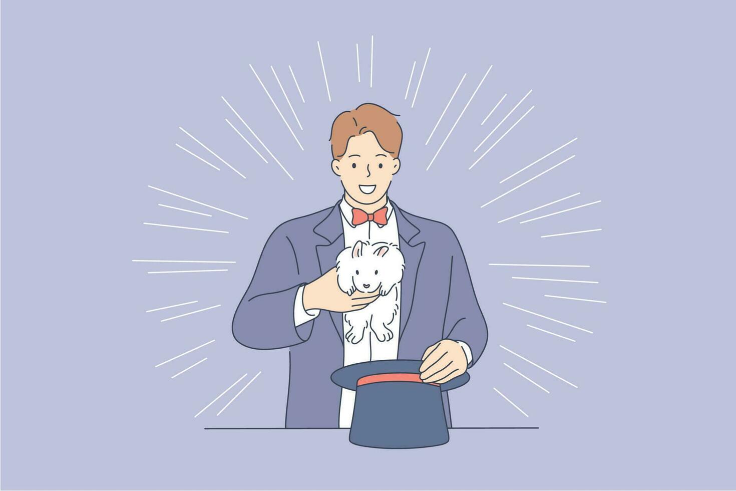 Perfomance, show, magic concept. Young man guy boy magician cartoon character making trick with rabbit bunny from hat. Professional occupation or hobby and active entertainment for people illustration vector