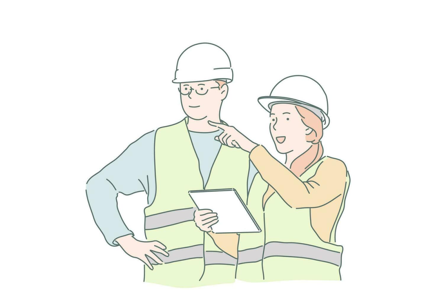 Construction, business, engineering, project plan concept. Young woman master businesswoman explains to builder foreman instructions and requirements. Teamwork, working together leaders. Flat vector. vector