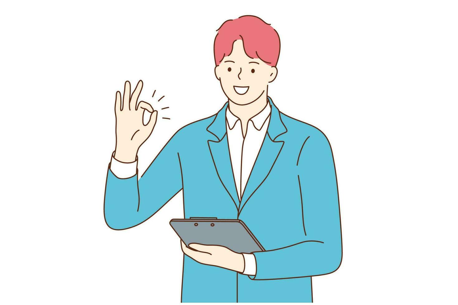 Success, business, approval, work, goal achievement. Young happy positive smiling businessman clerk manager cartoon character standing with tablet and showing ok sign looking at camera illustration. vector