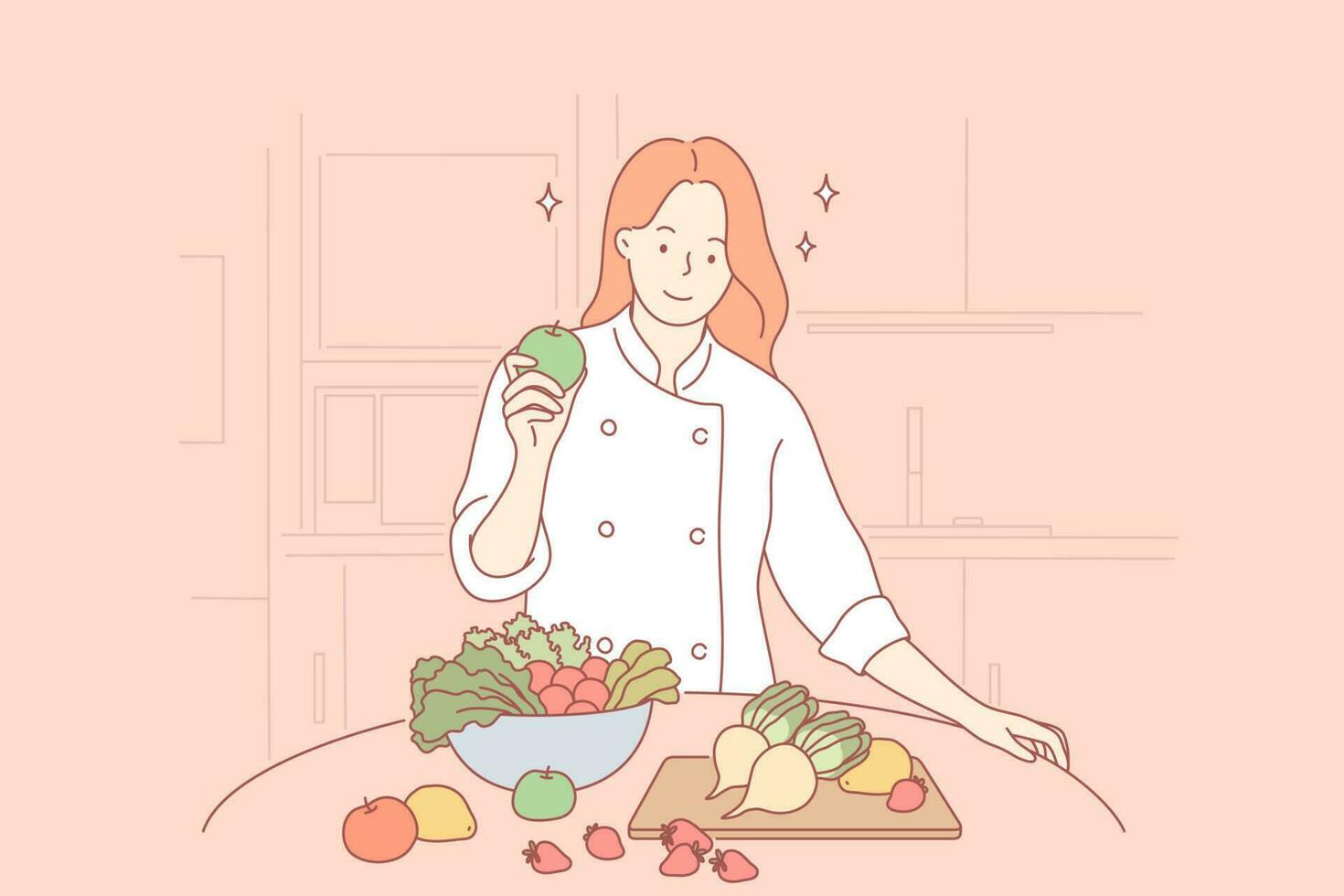 salud, vegano, alimento, Cocinando concepto. mujer niña Horno vegetariano dibujos animados personaje en pie con sano comida frutas y vegetales a hogar restaurante. sano estilo de vida y apropiado nutrición o dieta vector