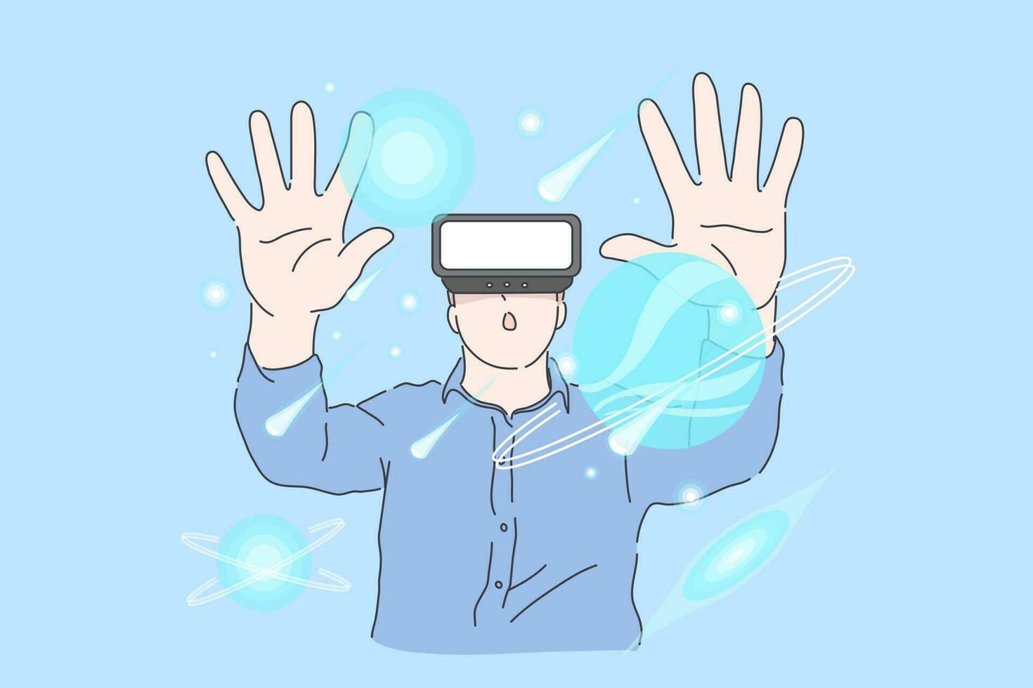 Virtual reality, AI, Business Future concept. Young successful man, businessman designs plan or project in virtual reality at office. Smart guy, clerk developing navigation system. Simple flat vector. vector