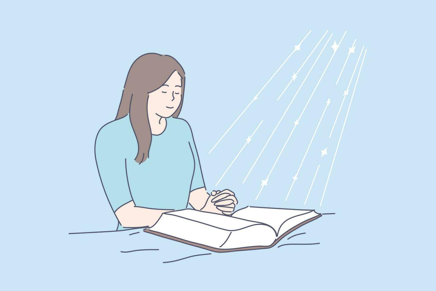 Prayer, blessing, religion, Bible, faith concept. Young happy religious woman or girl prays in room above open Bible. Asking, request. Faith in God drawn in cartoon style. Blessed light. Vector. vector