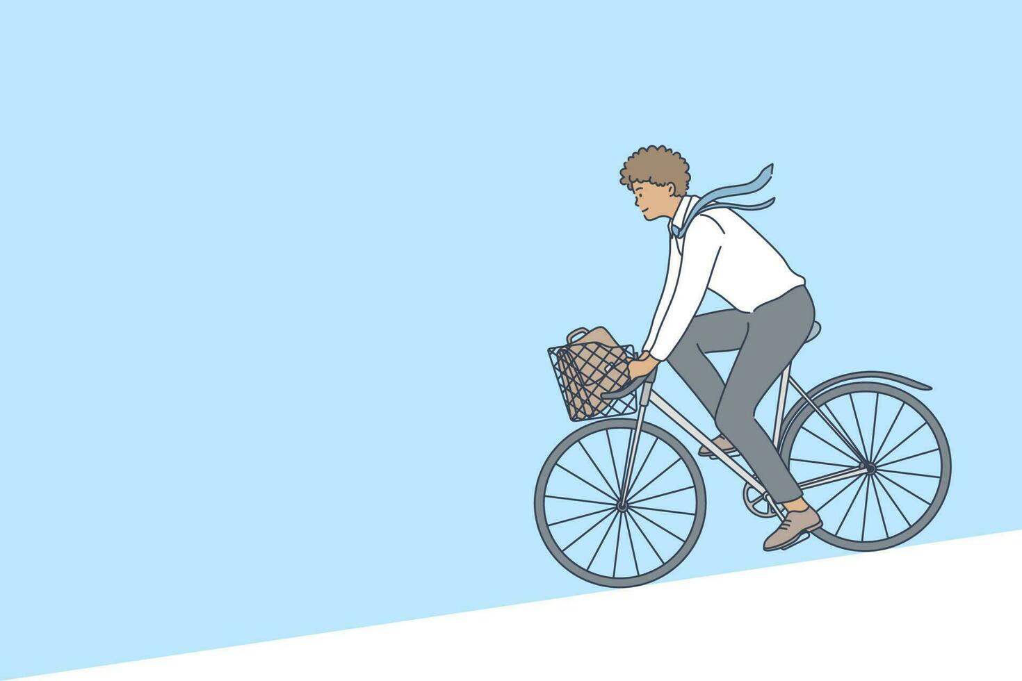 Cycling, business, weekend concept. Young afro american businessman clerk manager cartoon character riding bicycle to work on city street after weekends. Active lifestyle sport activity illustration. vector