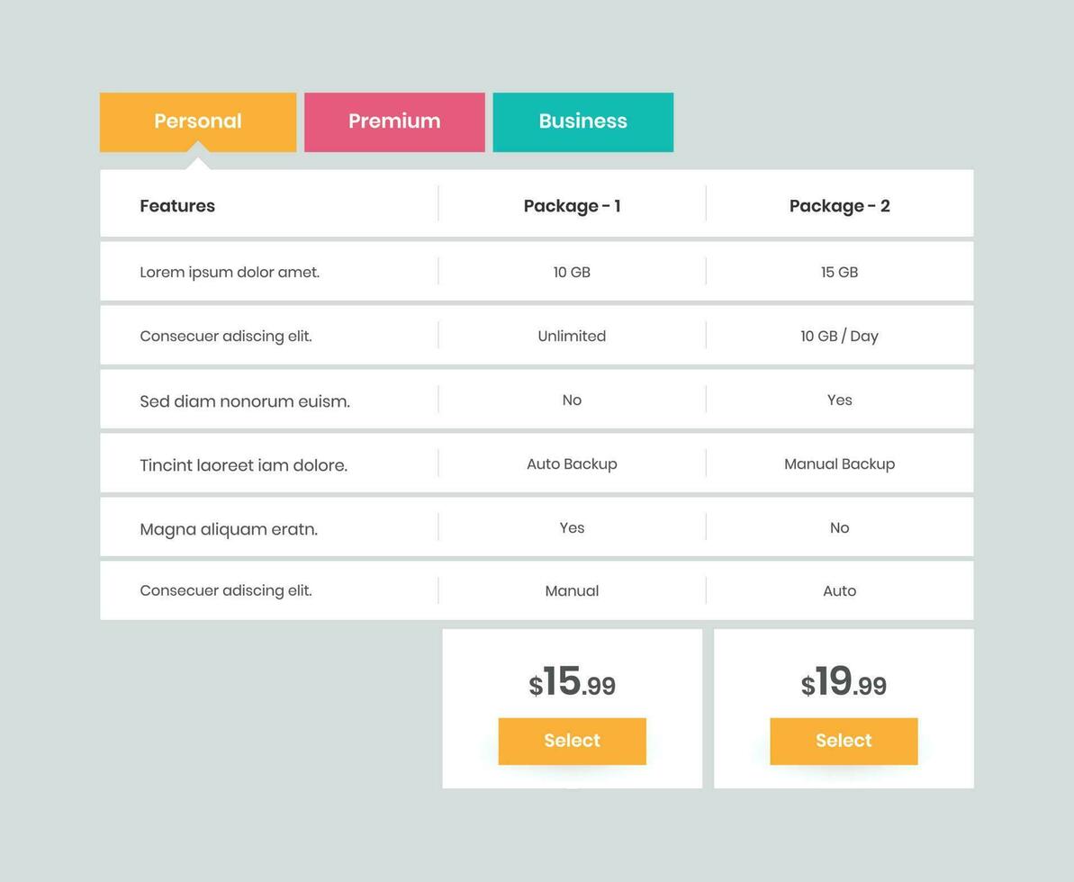 Minimal service subscription pricing comparison table design for website vector