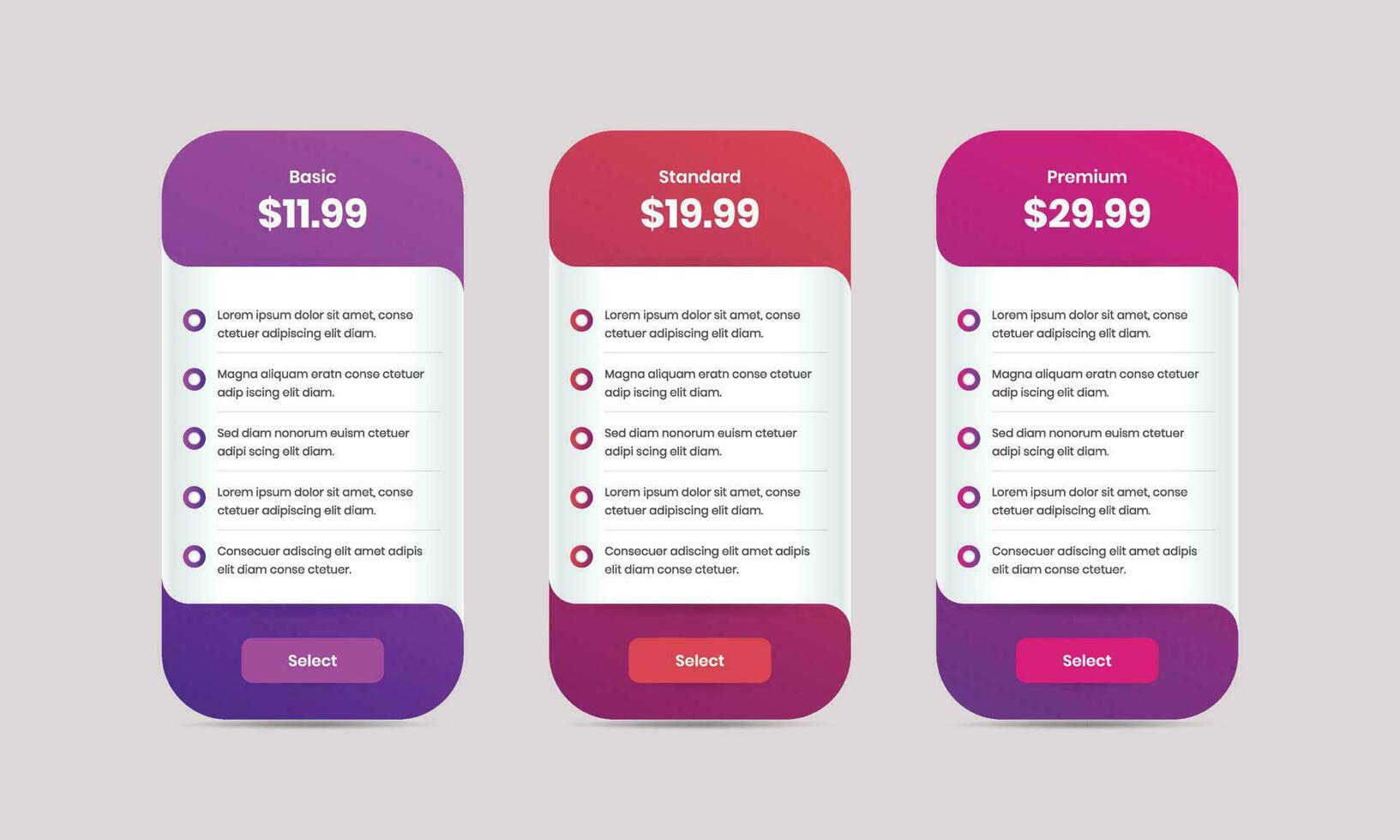 Professional pricing comparison table design with colorful gradient for business and service subscription vector