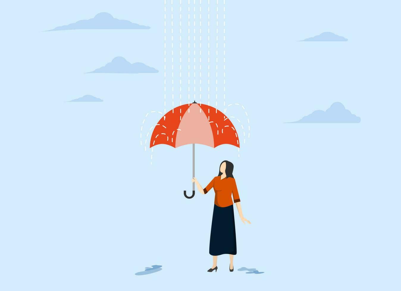 Facing bad luck, security or insurance, protecting against business mistakes, trouble or depression, economic mistakes or recession, confident businesswoman with umbrella to protect from rain storms. vector