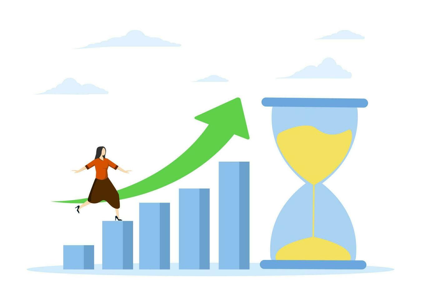 Time value of money, make profit or investment profit concept, long term investment, compound growth or successful business growth, woman walking up graph with hourglass metaphor. vector