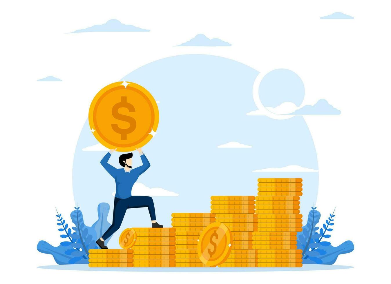 investment management, money and profit growth chart, career growth to success, flat color icon, business analysis, strong businessman carrying big coin climbing coin chart, vector illustration.