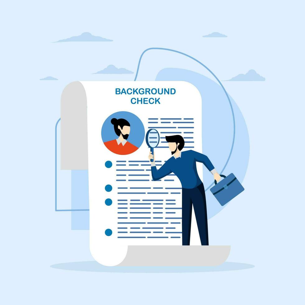 Background check for employment or hiring, work experience or career history concept, criminal or drug check on candidate or employee, businessman with magnifying glass checking candidate documents. vector
