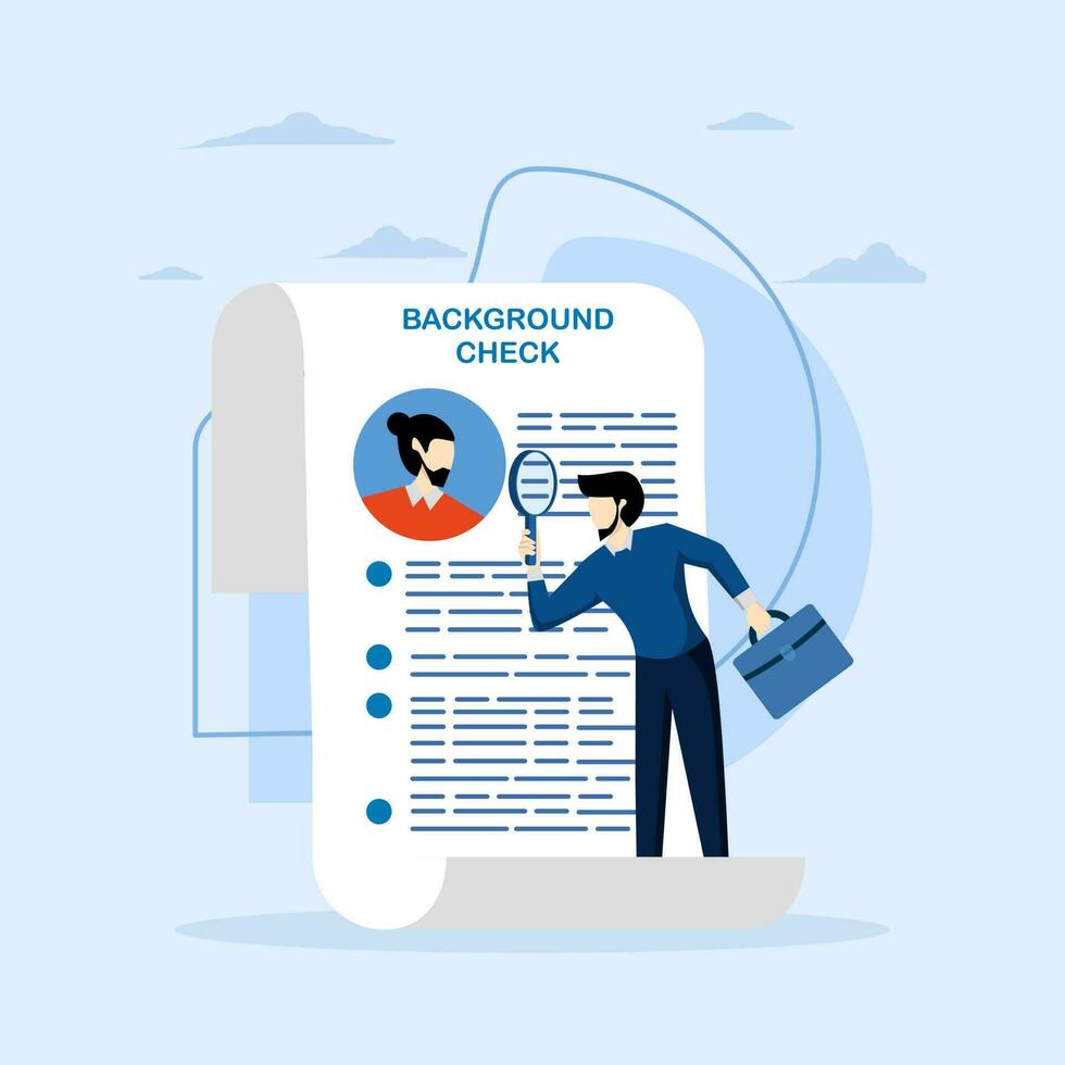 Background check for employment or hiring, work experience or career history concept, criminal or drug check on candidate or employee, businessman with magnifying glass checking candidate documents. vector