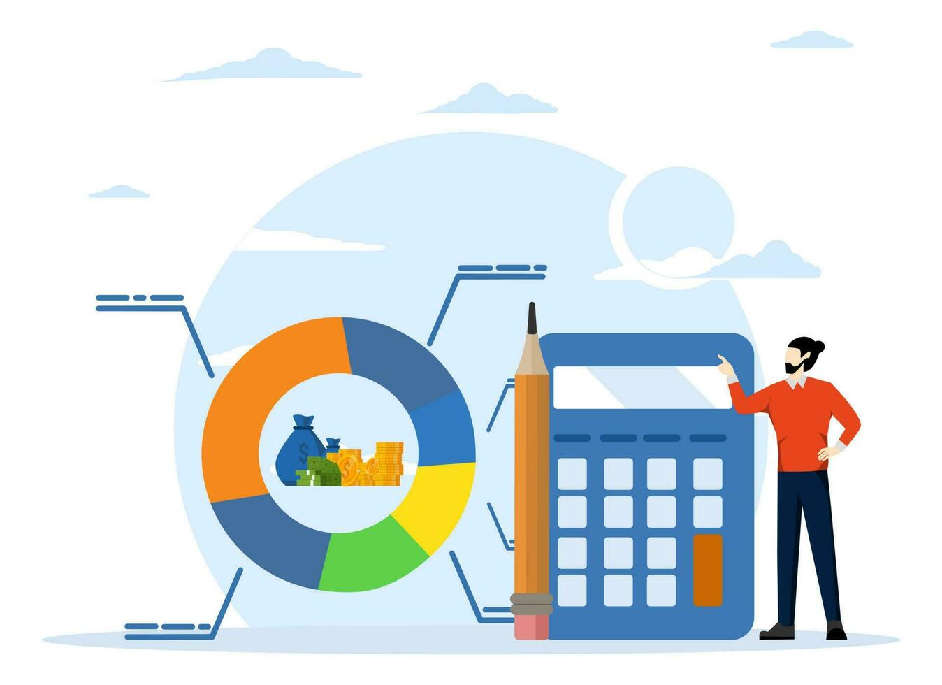 Cost structure, budget or savings concept, debt and investment analysis, cost and income balance calculation, income, money management, businessman with calculator with pie chart of cost structure. vector