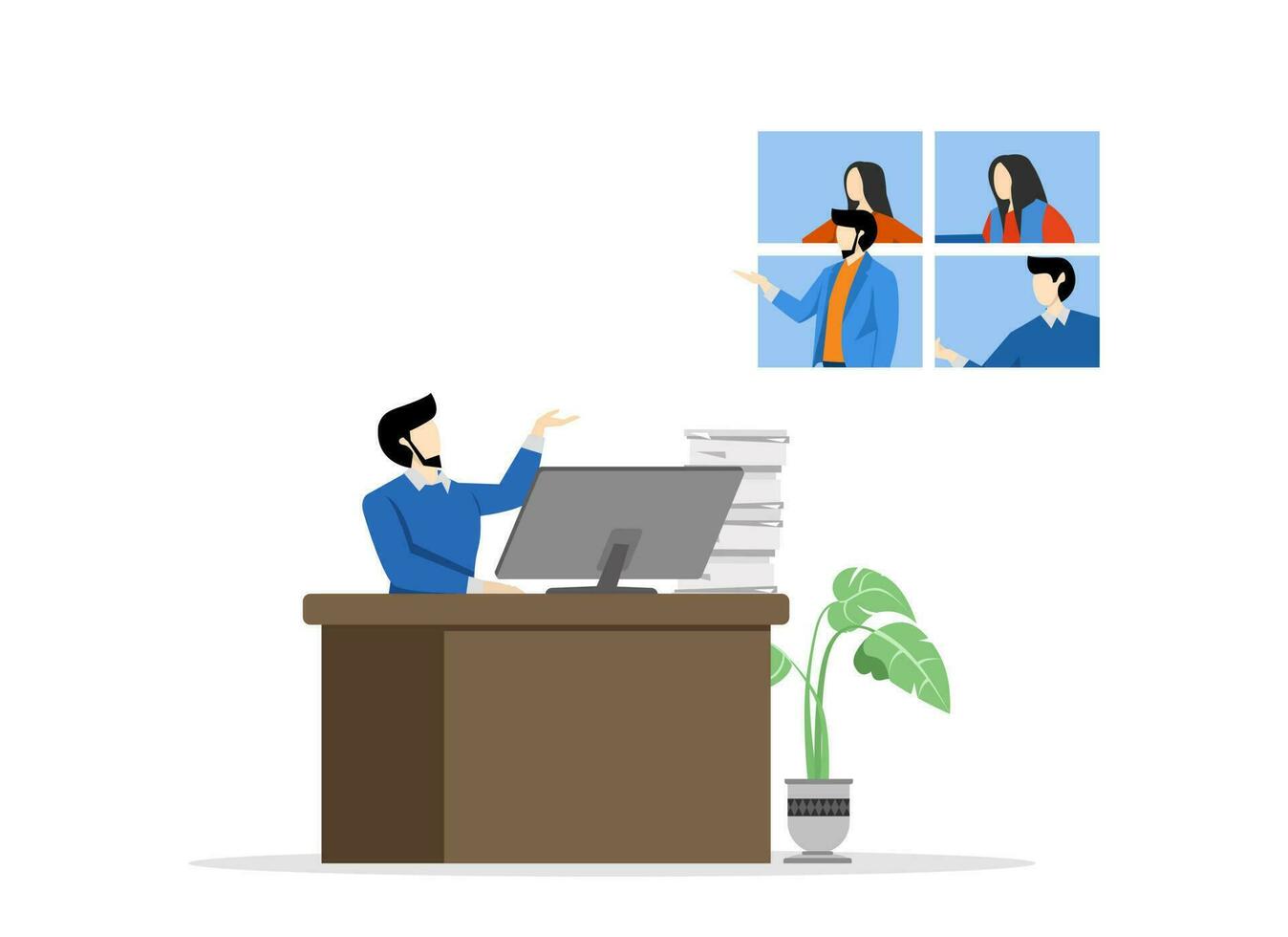 flexible workplace for productivity concept, employee choice to work away from home or come to office, businessman sitting in office talking on conference call with people working from home. vector