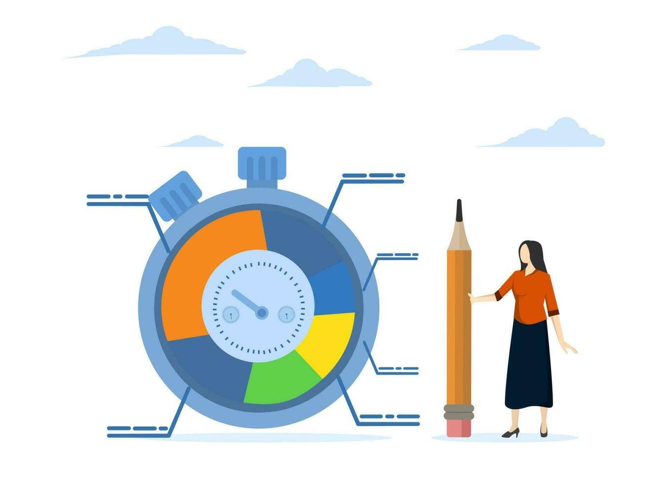 evaluating project efficiency or resource planning, time management system to manage project or productivity, businesswoman standing with stop watch timer spending time pie chart. vector