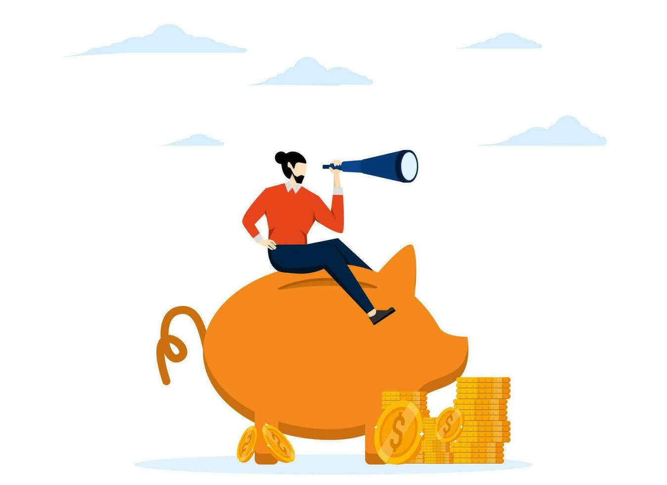 Financial future, wealth management or savings concept, stock market mutual fund or pension fund, find investment opportunity, businessman riding piggy bank looking through binoculars to see future. vector