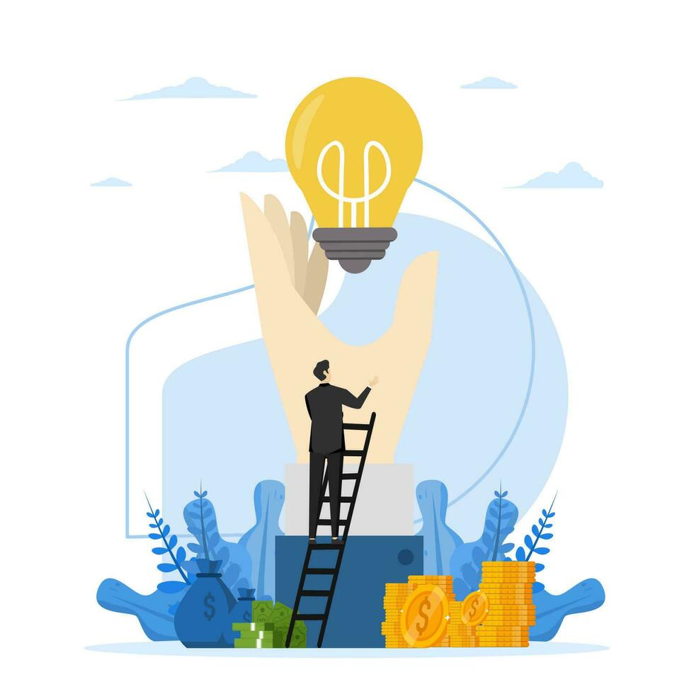 Financial goal, wealth management and investment plan to achieve target, income or salary growth concept, businessman steps up ladder with aim to reach light bulb vector