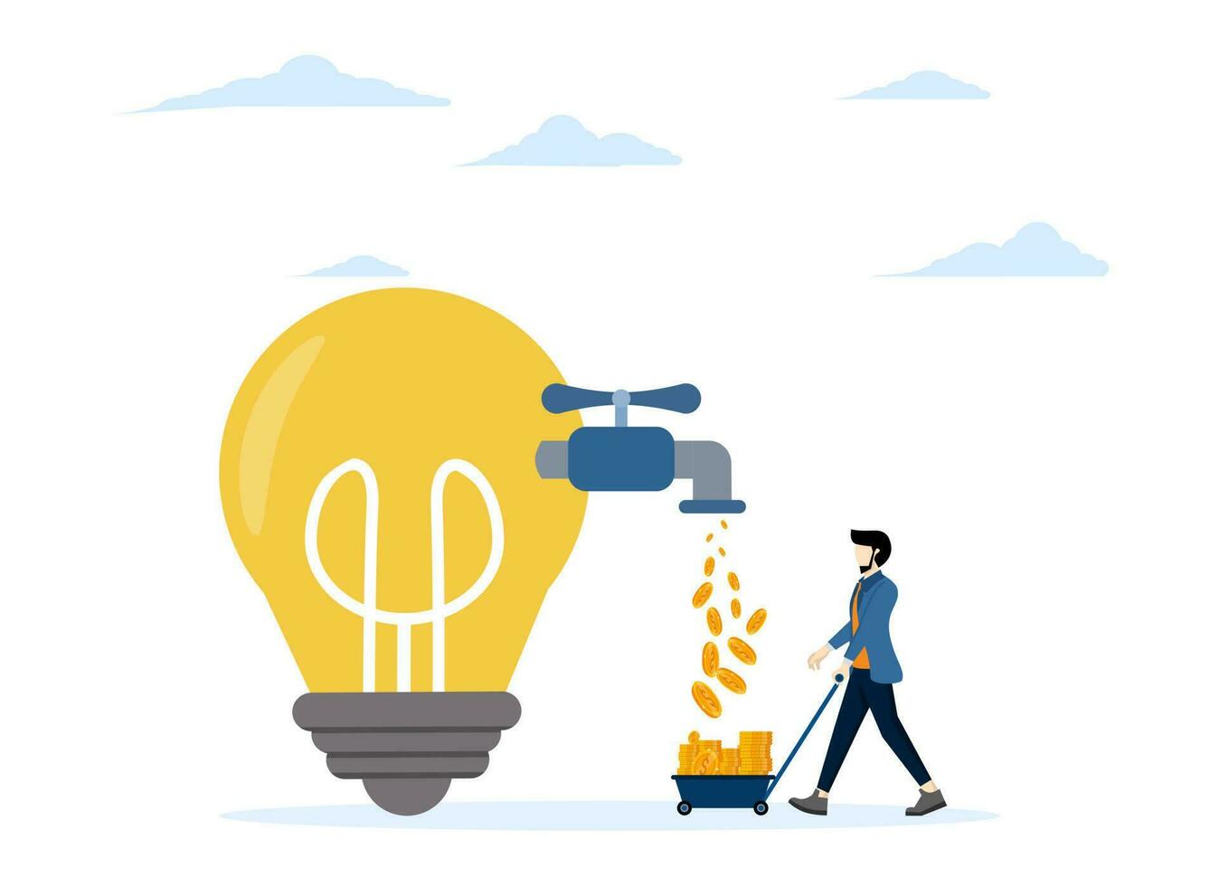 Startup companies start to earn income or income, earn profits or make sales concepts, business ideas make money, entrepreneurs earn money from the faucet of income flowing from light bulb ideas. vector