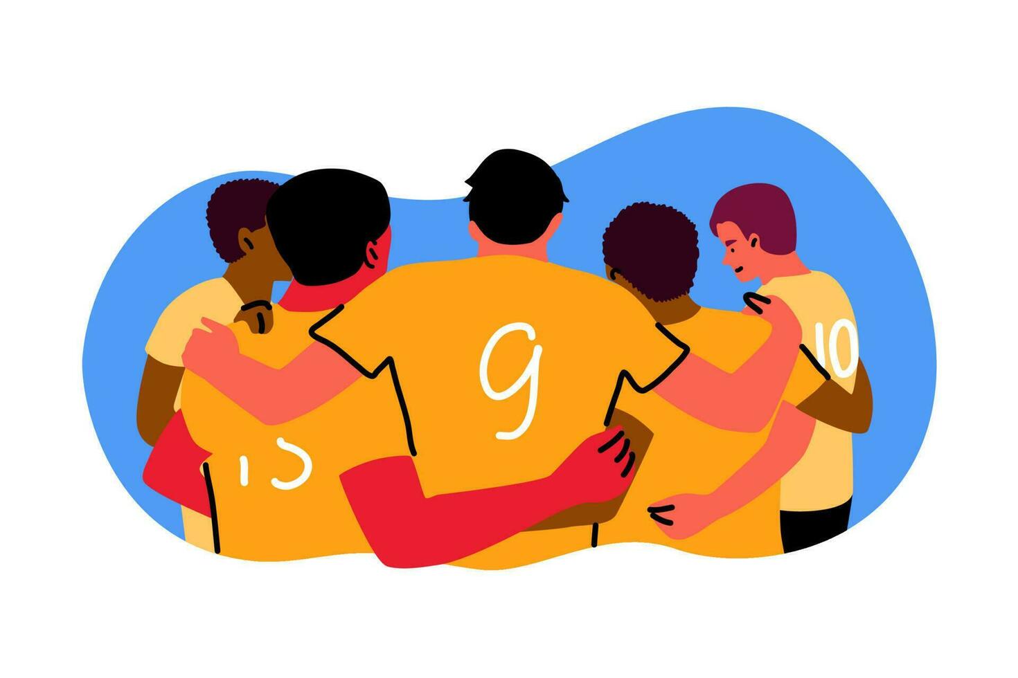 Sport, teamwok, celebration concept. Rugby or american football team of young men boys standing in a huddle and rubbing feet on ground celebrating victory. Goal achiement and winning cup illustration. vector