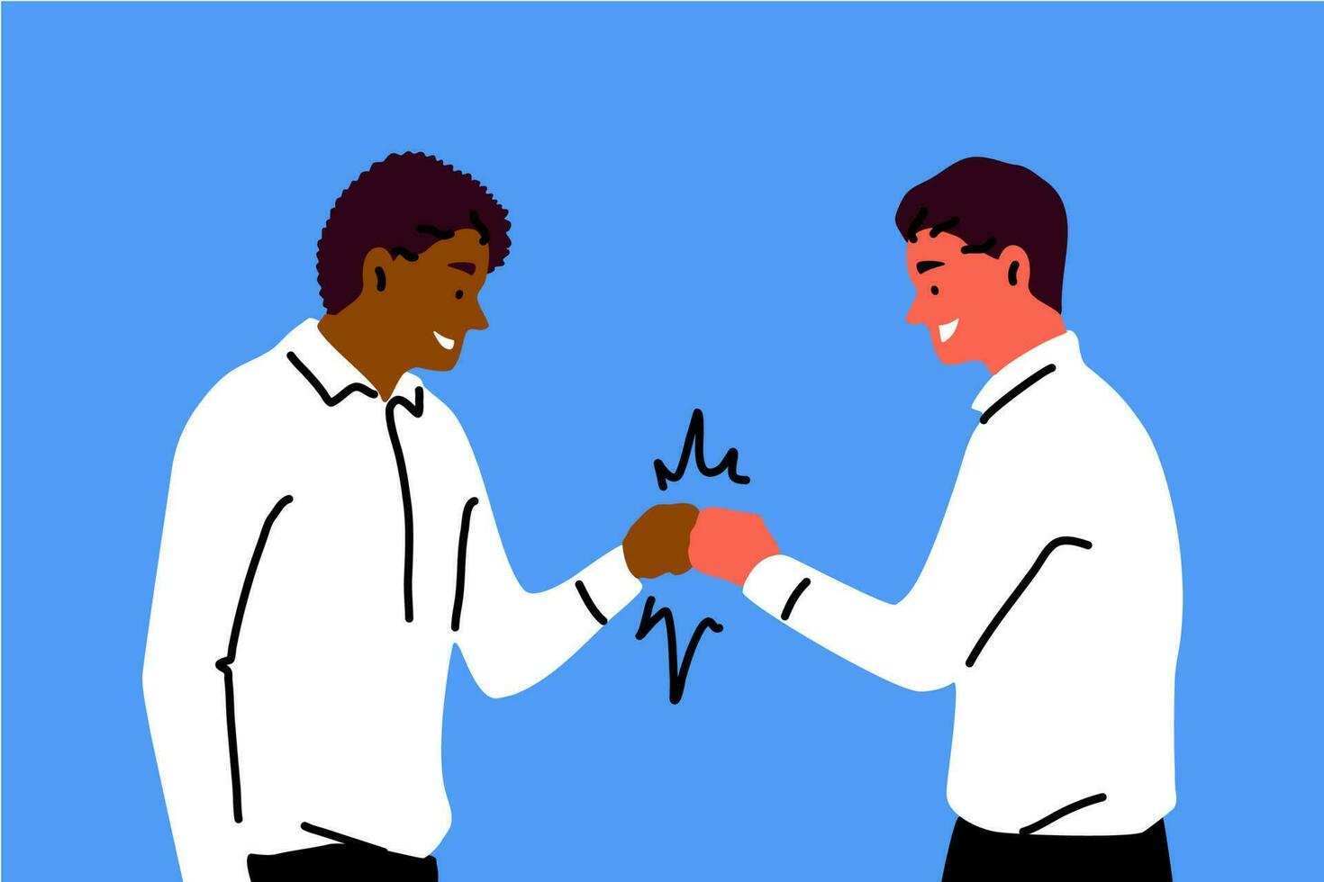 Friendship, greeting, congatulation, success concept. Young happy smiling african american man cartoon character greets old friend congratulating with victory. Goal achievement and friendly meeting. vector