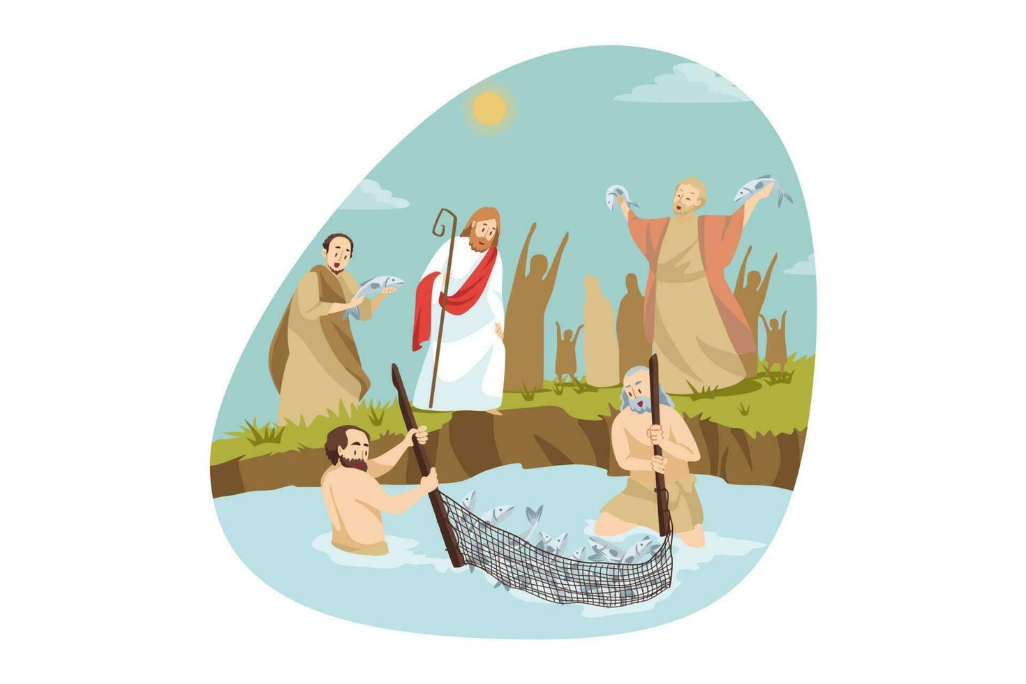 Religion, christianity, bible concept. Jesus christ son of god christian biblical religious character Messiah helping happy excited feshermen catching fish food in lake. Divine miracle and Lord power. vector