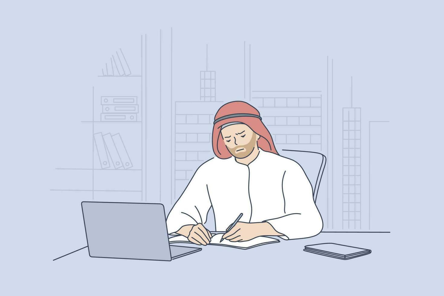 Arab man working in office concept. Sad unhappy arabic businessman muslim clerk manager cartoon character sitting at laptop in a modern office wearing traditional attire. Mental stress fatigue at work vector