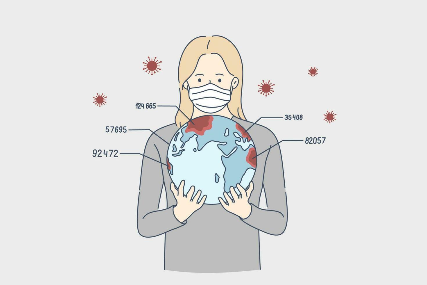 Report, biohazard, coronavirus, danger concept. Young woman cartoon character in medical face mask holding planet earth in hands. COVID19 desease and 2019ncov infection live data statistics vector. vector