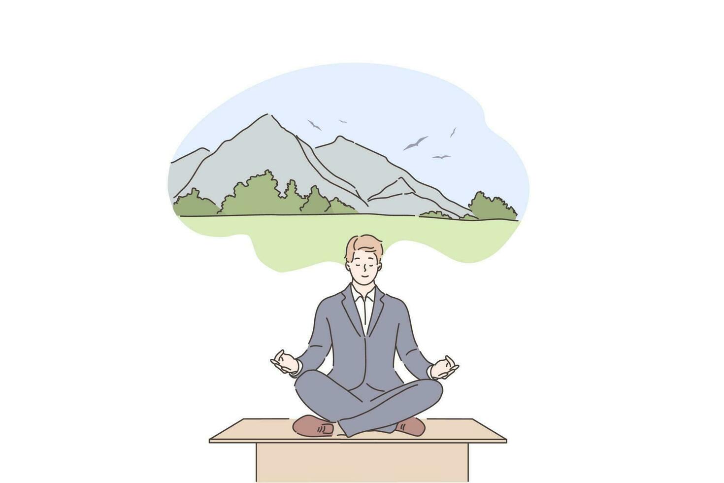 sueño, yoga, relajarse, negocio concepto. joven empresario líder se sienta en trabajo mesa lo hace yoga en oficina, piensa acerca de montañas recreación después trabajo proceso estrés alivio utilizando meditación ilustración. vector