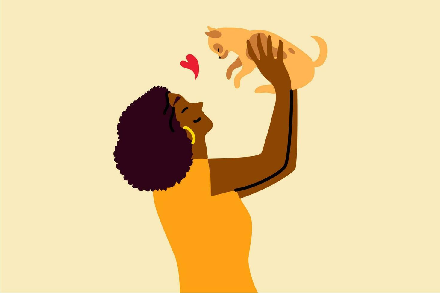 Affection, love, ownership, pet concept. Young happy smiling excited african american woman girl owner character holding cat domestic animal in hands. Responsibility and care for kitten illustration. vector