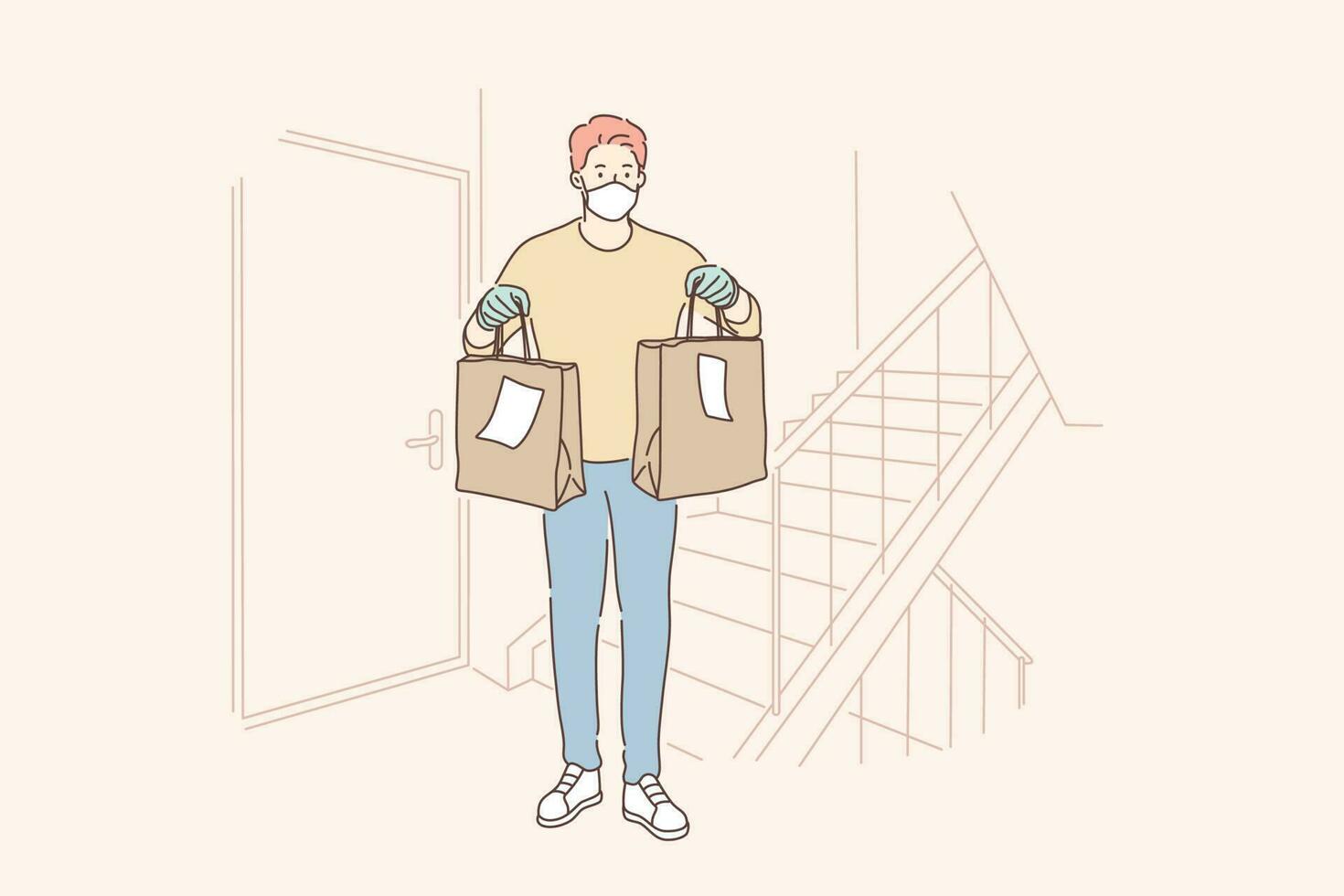 Delivery, quarantine, covid19, coronavirus, infection concept. Young man boy supplier cartoon character stands with paperbags near apartment looking at camera. Home food delivery on 2019 ncov lockdown vector