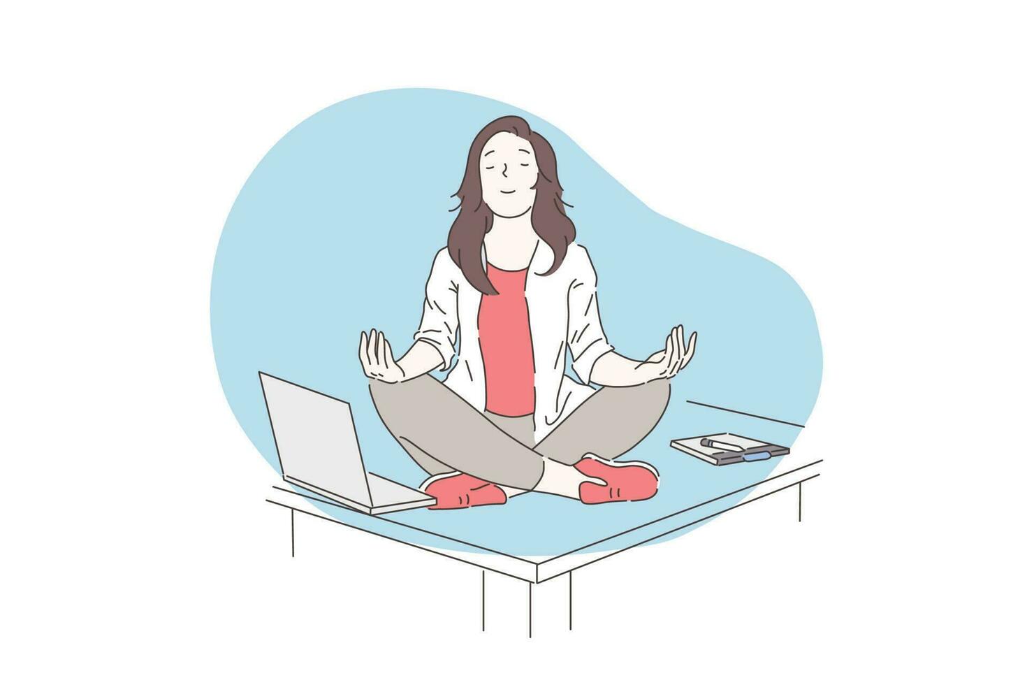 consciencia, meditación, mental salud concepto. contento negocio mujer o joven niña meditando en el escritorio en el oficina. vector plano diseño.