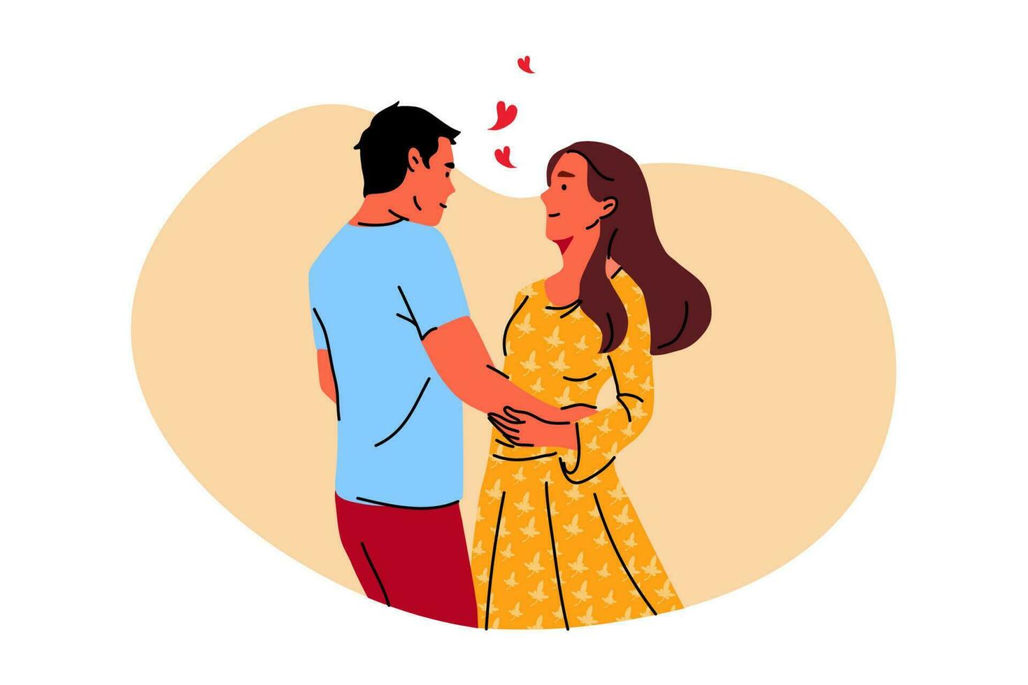 Couple, dance, date, love concept. Young happy smiling boyfriend and girlfriend man and woman characters dancing hugging holding hands together. Romantic dating and loving relationship illustration. vector