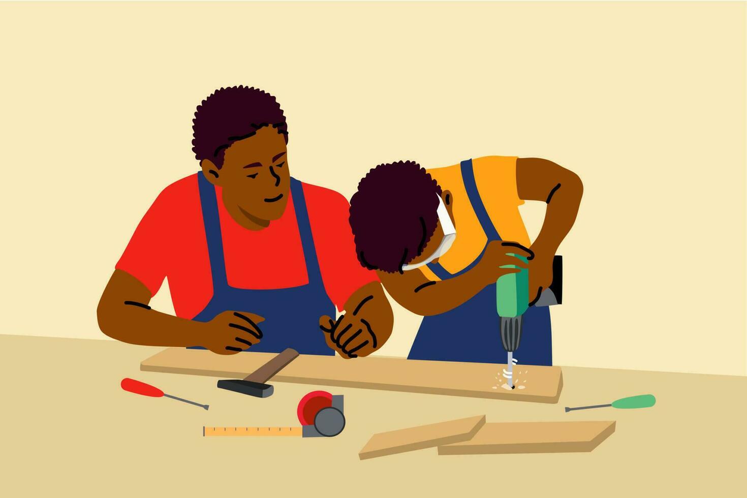 Fatherhood, childhood, work, education, help concept. Young african amercian man dad and child kid boy son working together teaching drilling holes in wooden plank. Fathers day recreation illustration vector