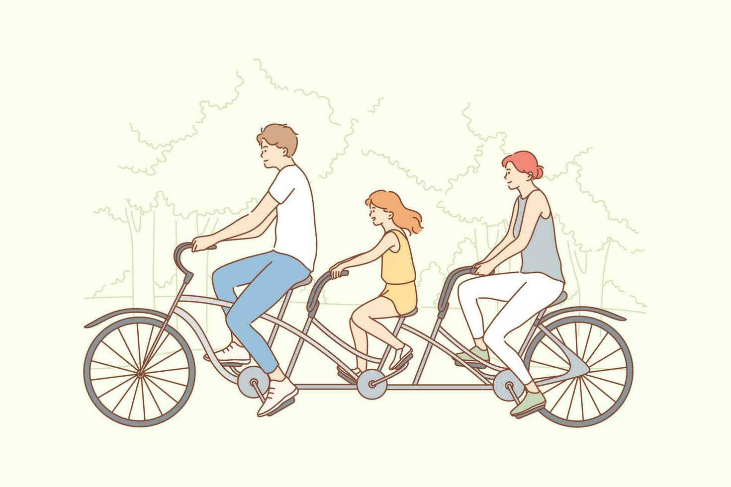 Family, cycling, sport, activity concept. Happy man father woman mother child kid daughter cartoon characters riding a tandem bicycle together. Summer recreation and active lifestyle illustration vector