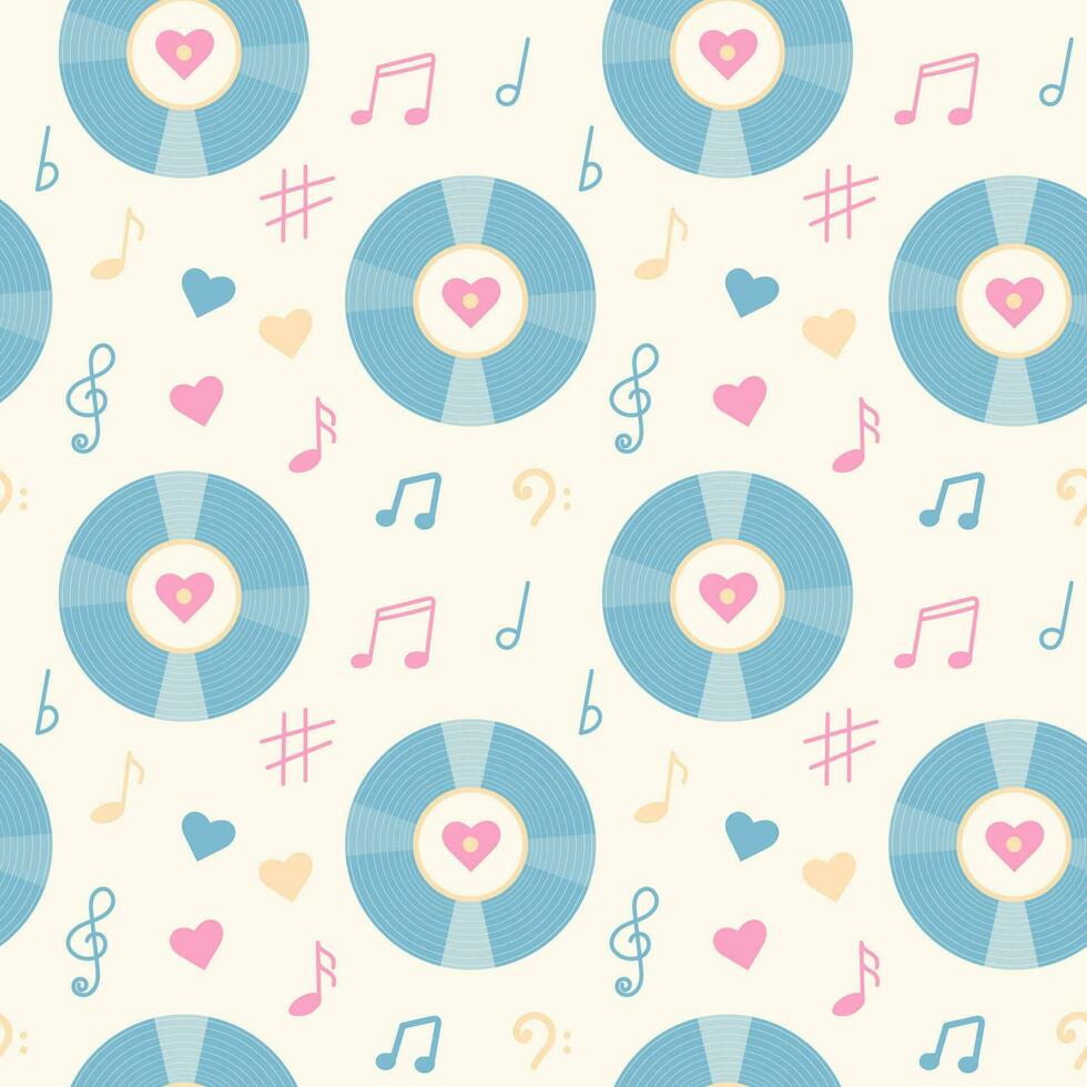 Vintage vinyl record, music notes and hearts seamless pattern. Pastel wrapping paper or fabric template. vector