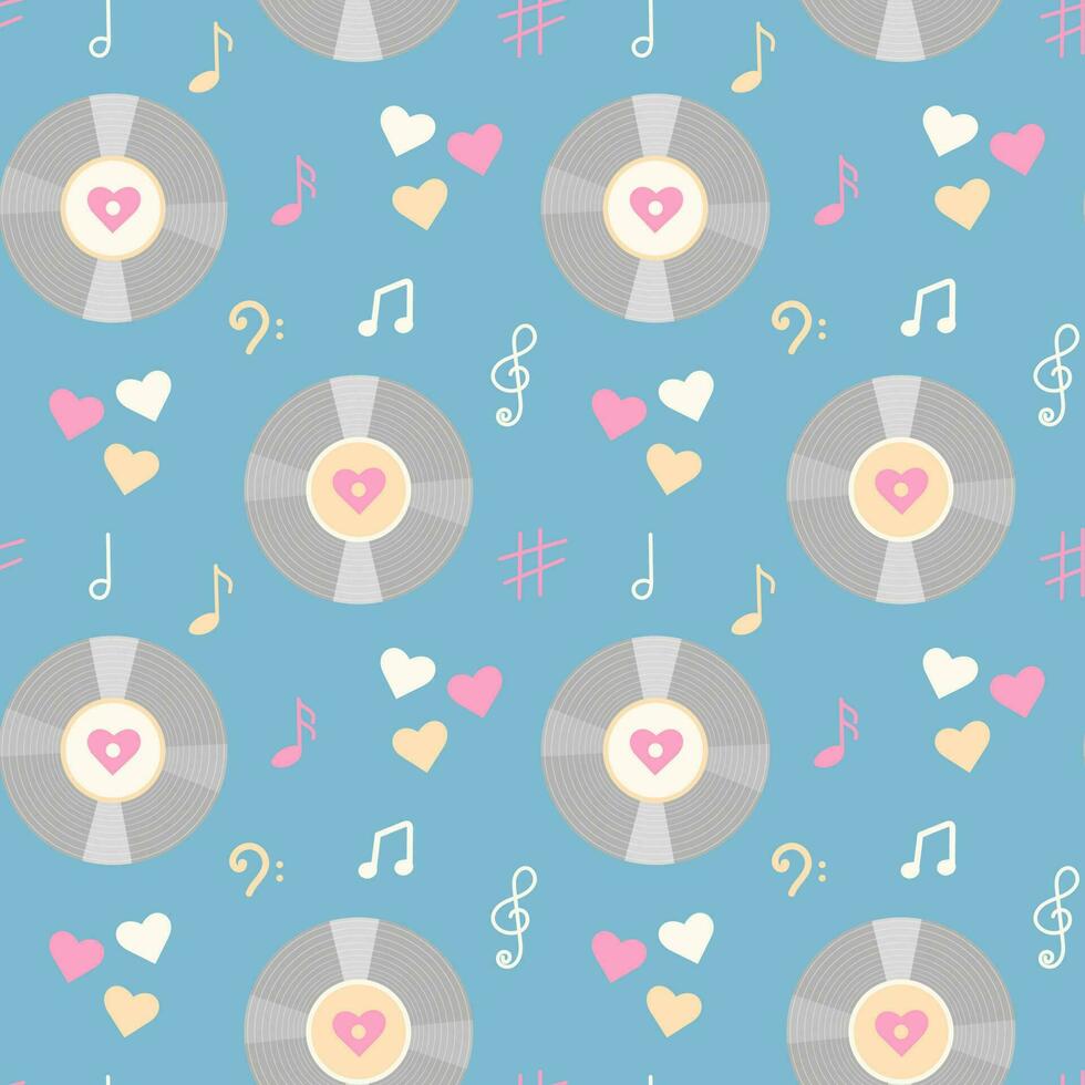 Vintage vinyl record, music notes and hearts seamless pattern. Pastel wrapping paper or fabric template. vector