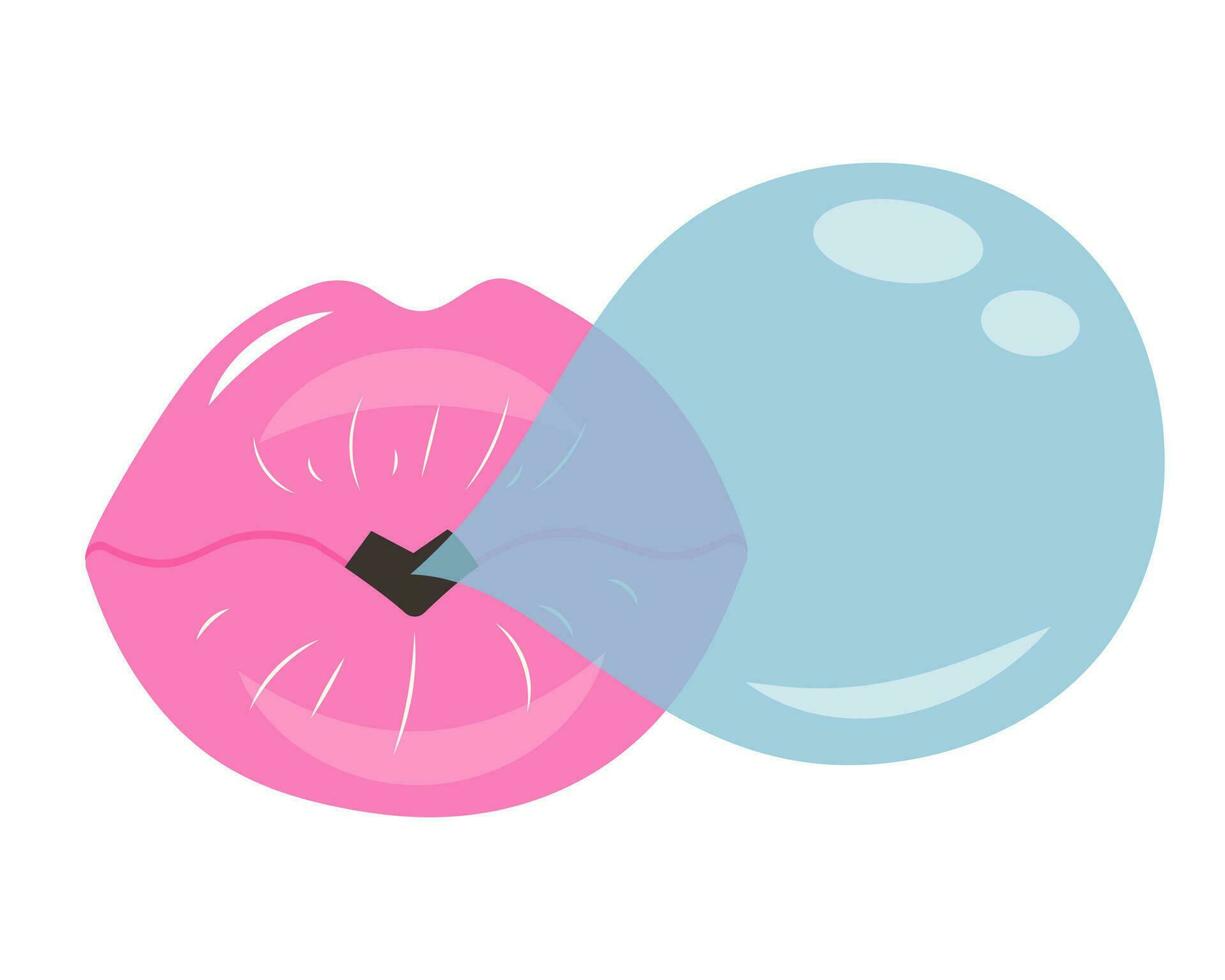 linda pastel lustroso labios con goma burbuja. hembra boca infla un burbuja de masticación chicle. Clásico de moda y2k parche o pegatina vector