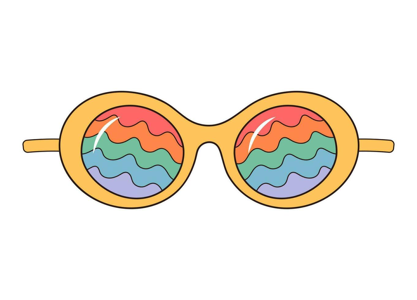 Hippie rainbow sunglasses. Groovy retro fashion style. Round glasses with wave rainbow pattern. Vector illustration isolated on white background.