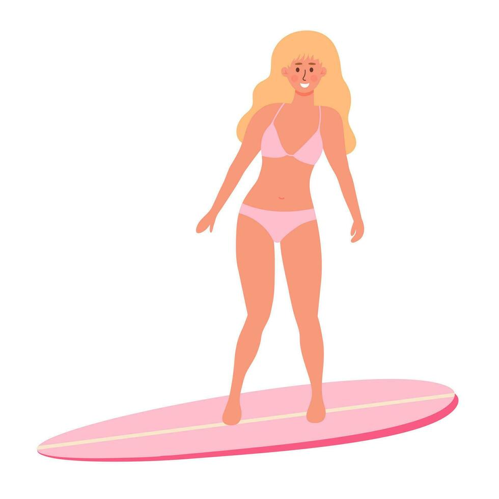 Beautiful woman in swimsuit on surfboard. Beach surfer blonde girl. Active summer, Healthy Lifestyle, Surfing, Summer Vacation concept vector