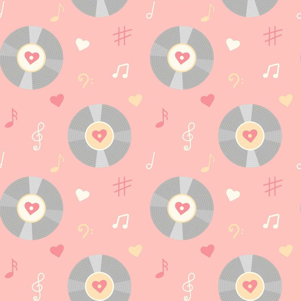 Vintage vinyl record, music notes and hearts seamless pattern. Pastel wrapping paper or fabric template. vector
