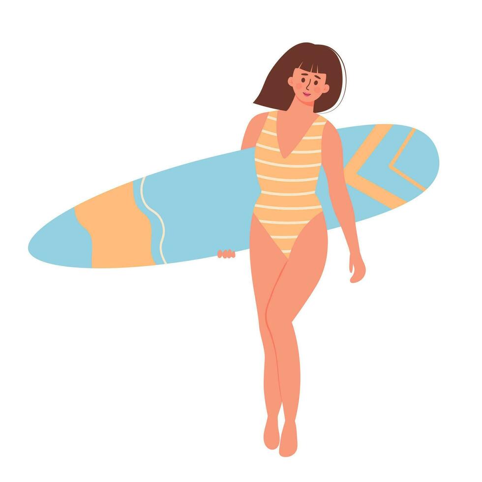 hermosa mujer en traje de baño con tabla de surf. playa tablista más Talla muchacha. activo verano, sano estilo de vida, surf, verano vacaciones concepto vector