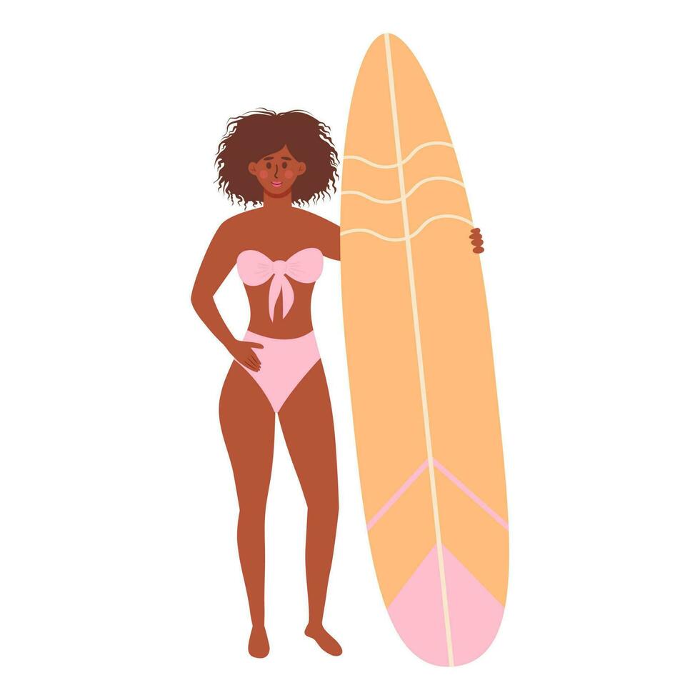 africano americano mujer en traje de baño con tabla de surf. playa tablista muchacha. activo verano, sano estilo de vida, surf, verano vacaciones concepto vector