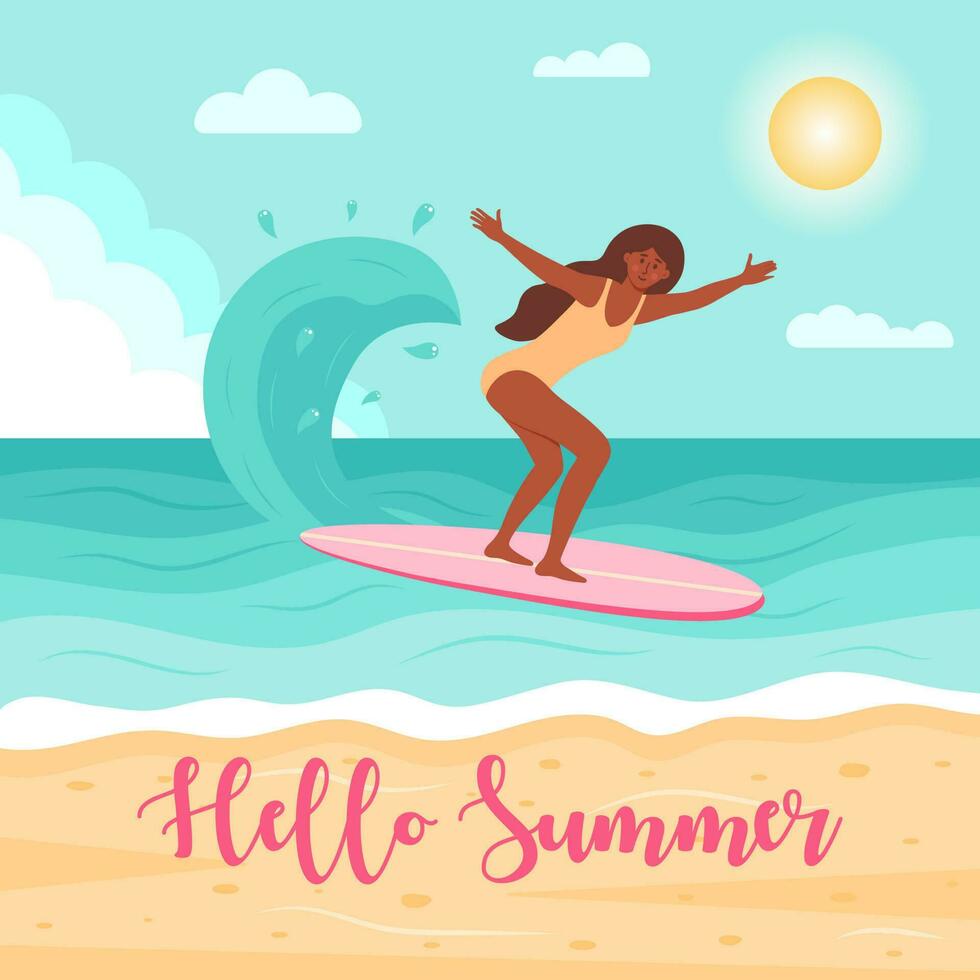 African american woman in swimsuit on the surfboard in the ocean. Summer seascape, active sport, surfing on ocean waves, vacation concept. Hello summer text. Flat cartoon vector illustration.