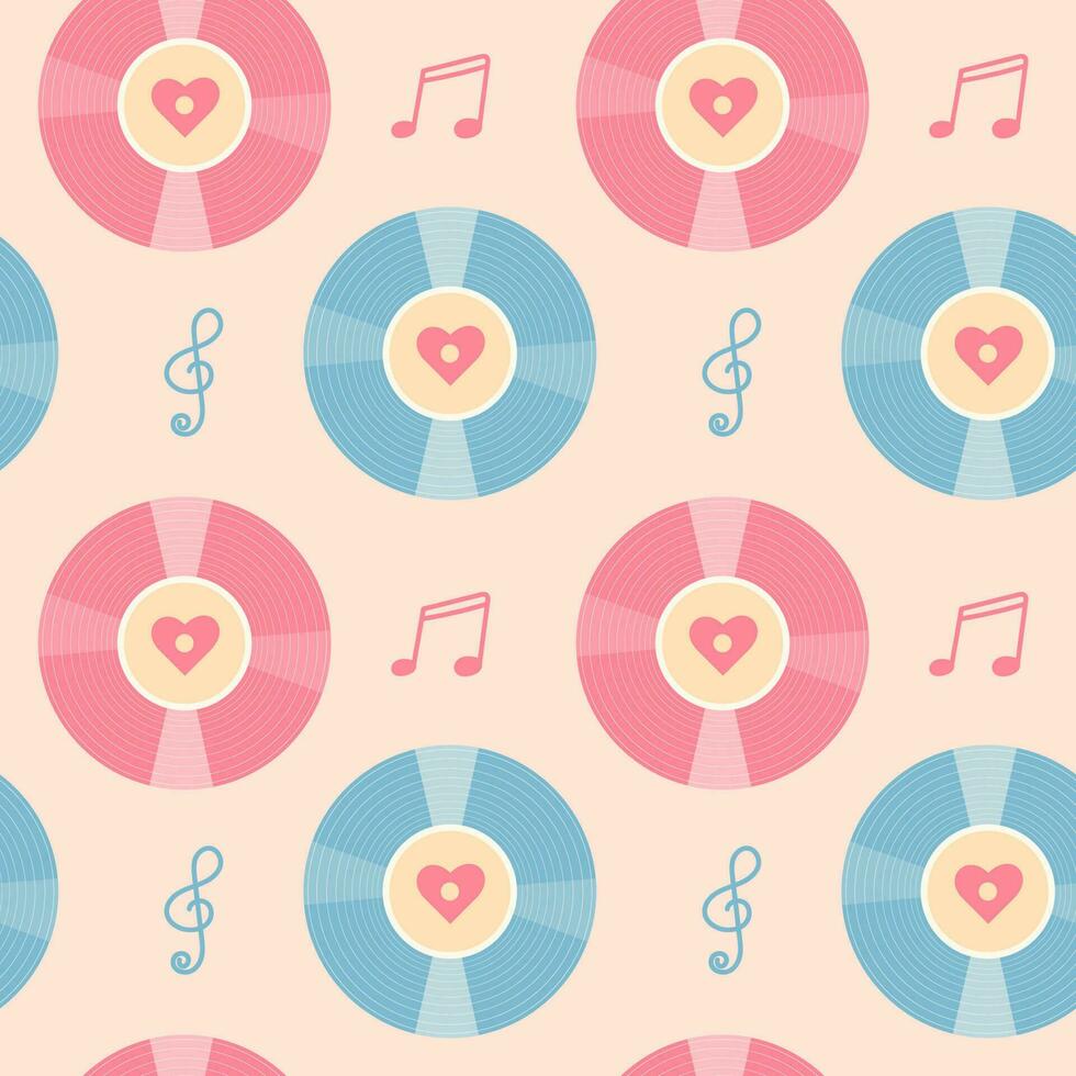 Vintage vinyl record, music notes and hearts seamless pattern. Pastel wrapping paper or fabric template. Vector illustration.