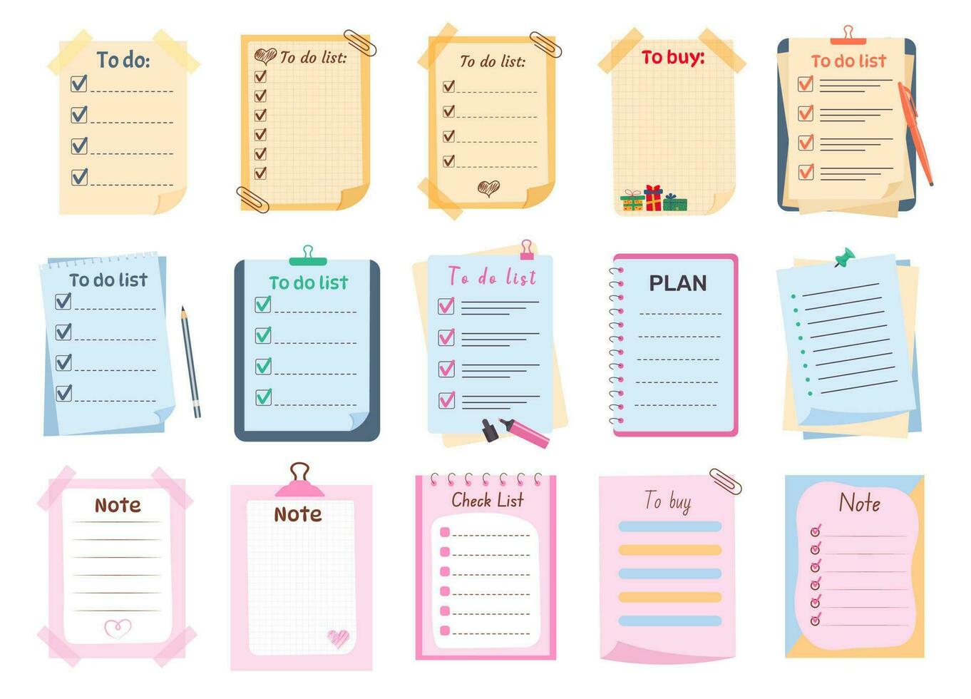 Set of cute memo paper sheets, sticky note, reminder, to do list, to buy list, schedule. Templates for notebooks, planners. vector