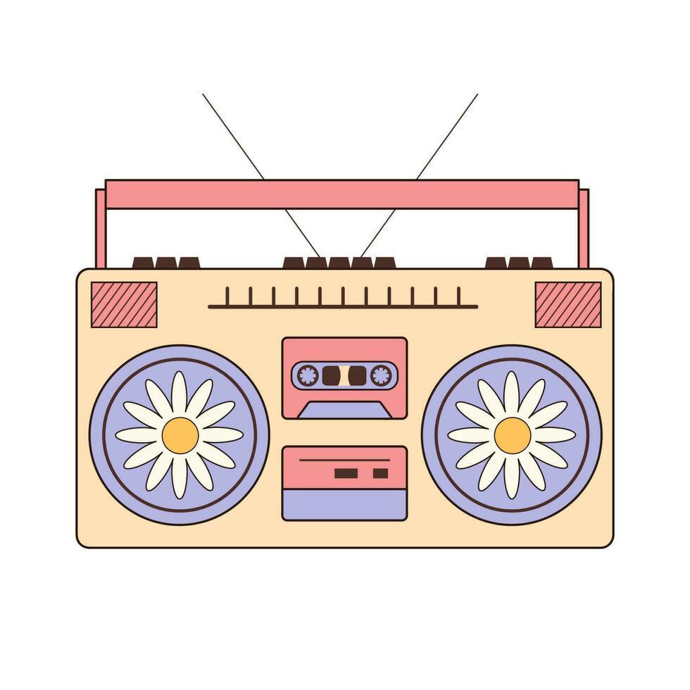 Retro hippie tape recorder. Vintage musical boom box with daisies. Vector illustration isolated on white background.