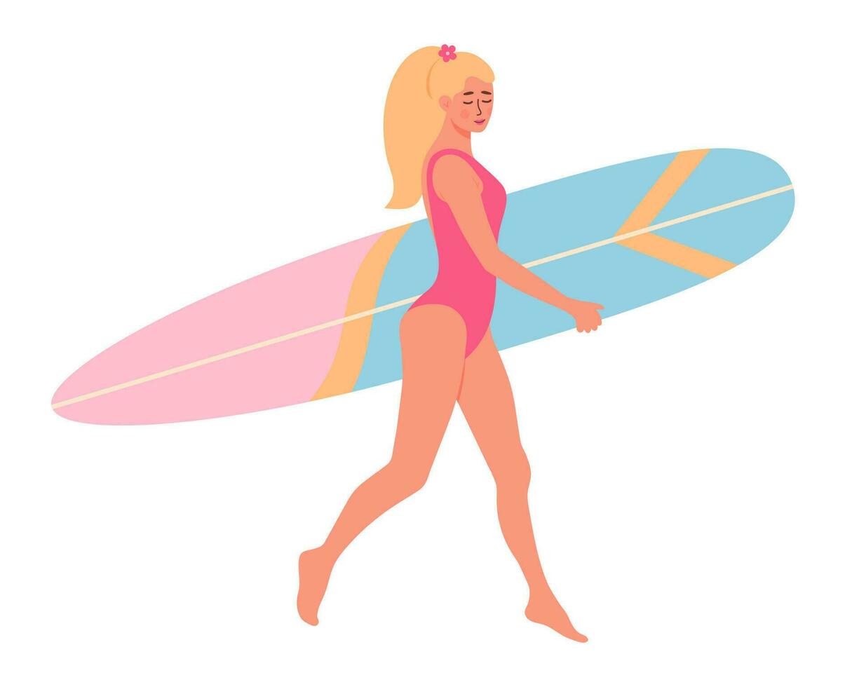 hermosa mujer en traje de baño con tabla de surf. playa tablista rubia muchacha. activo verano, sano estilo de vida, surf, verano vacaciones concepto vector