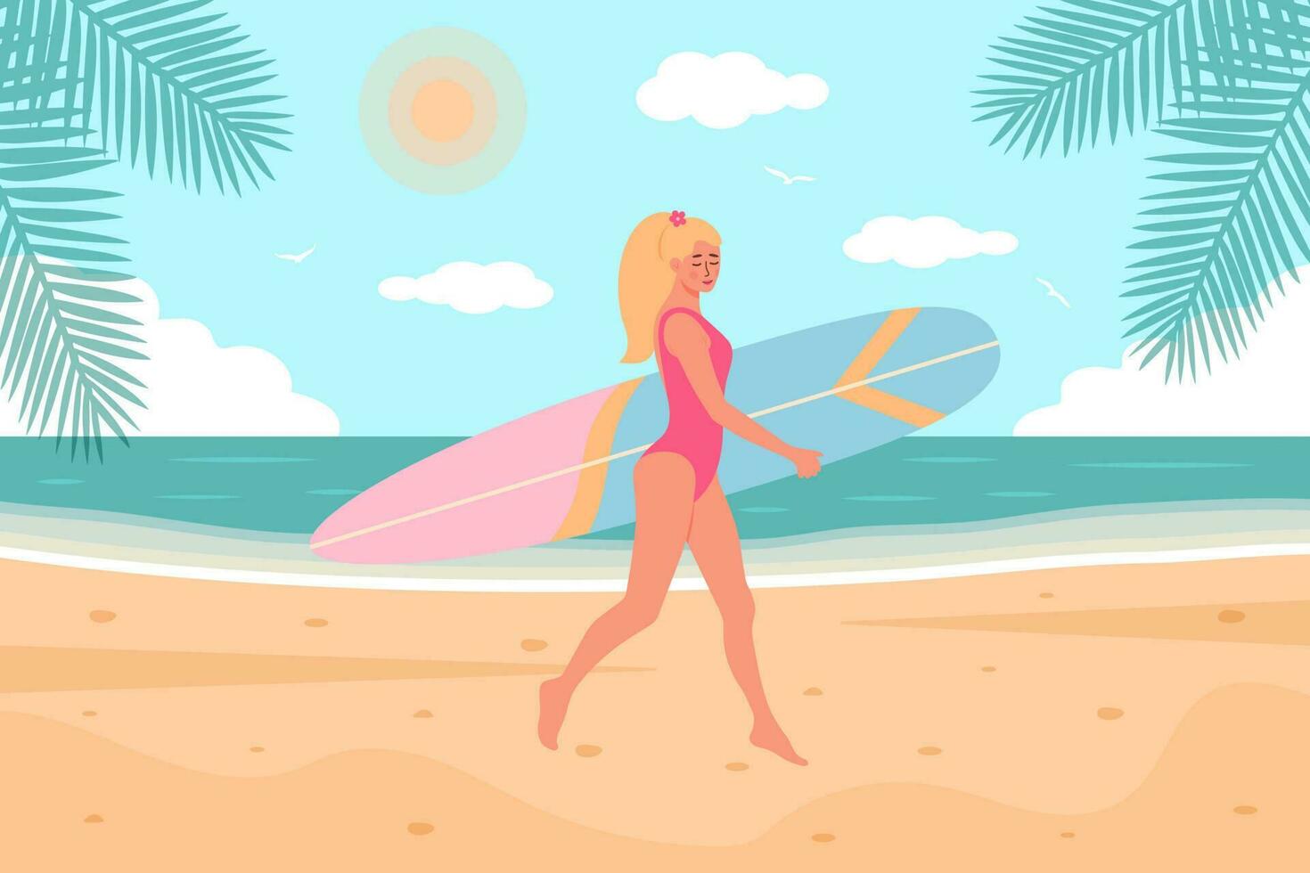 mujer en traje de baño con tabla de surf caminando en el playa. tropical palma hojas alrededor. Hora de verano, marina, activo deporte, surf, vacaciones concepto. plano dibujos animados vector ilustración.