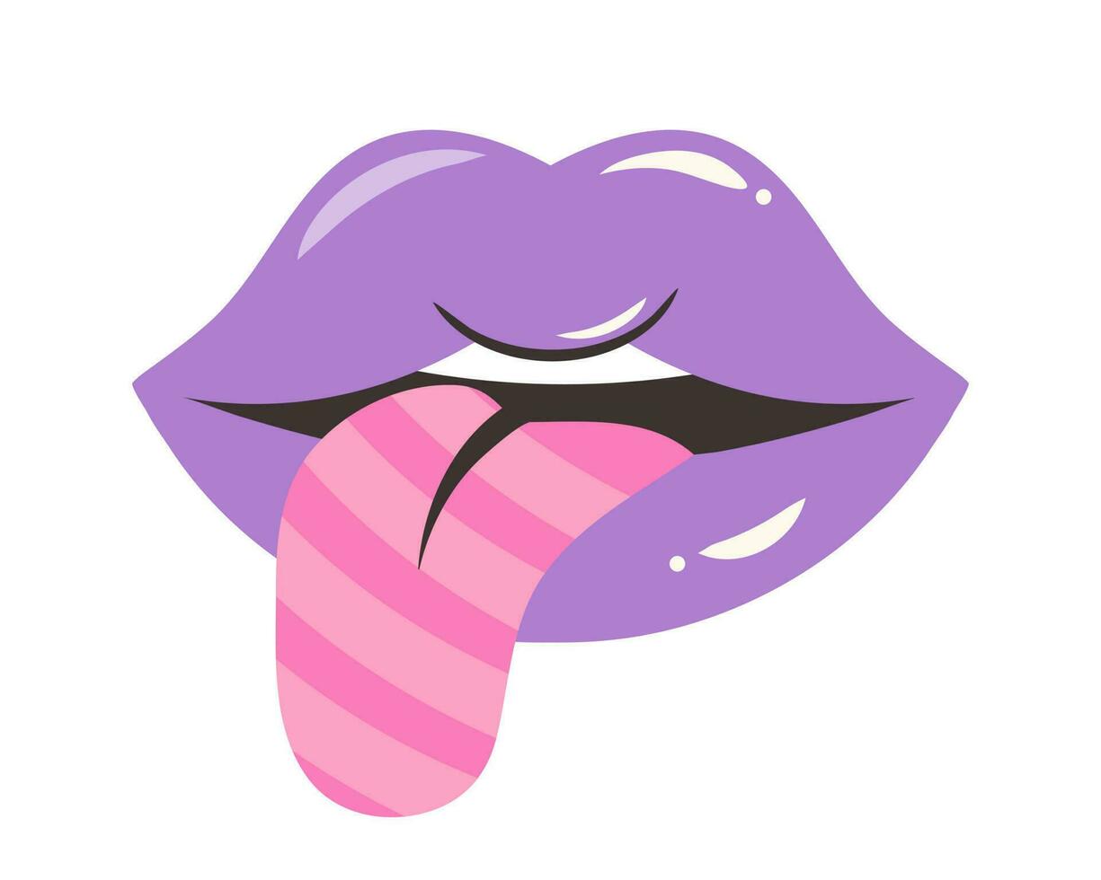 púrpura labios con raya lengua en popular Arte estilo. mujer medio abierto boca con pega fuera lengua. Clásico de moda y2k parche o pegatina vector