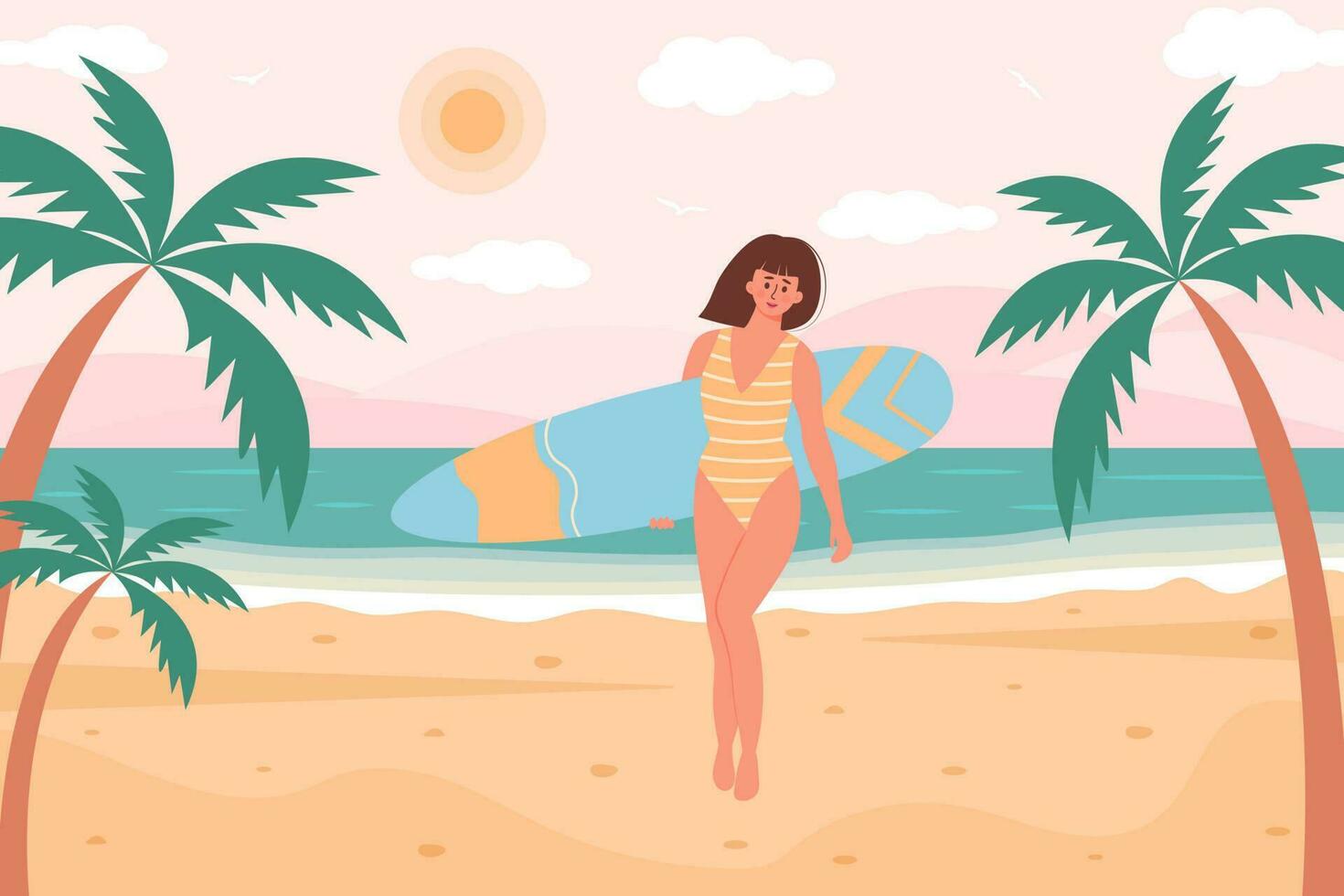 Woman in swimsuit with surfboard on the beach. Tropical palms around. Summertime, seascape, active sport, surfing, vacation concept. Flat cartoon vector illustration.