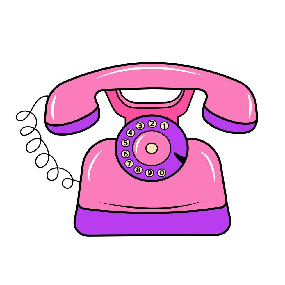 Landline retro phone. Doodle icon. Nostalgia 80s, 90s. Old phone with round dial and wire. Vintage equipment for remote communication. vector