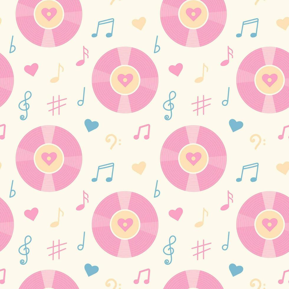 Vintage vinyl record, music notes and hearts seamless pattern. Pastel wrapping paper or fabric template. vector